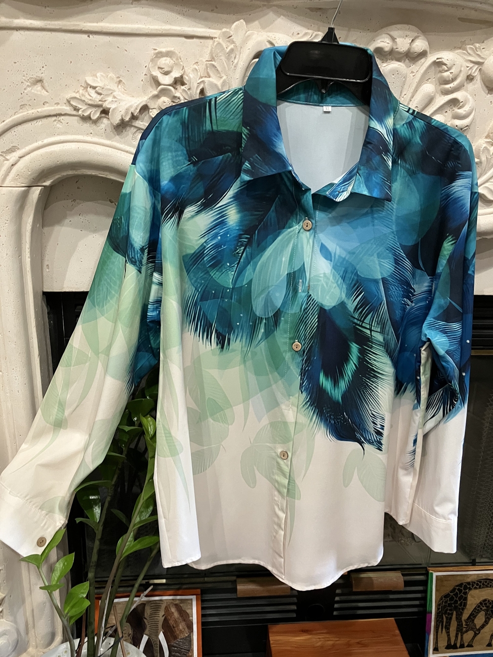 Blue Teal Feather Print Button Front Top XL Long Sleeve Abstract Blouse